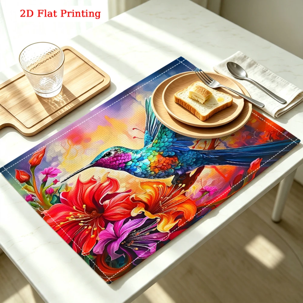 2Pcs Vibrant Hummingbird And Floral Placemat Colorful Bird Flower Table Mat Kitchen Dining Decor Protection 30X40Cm