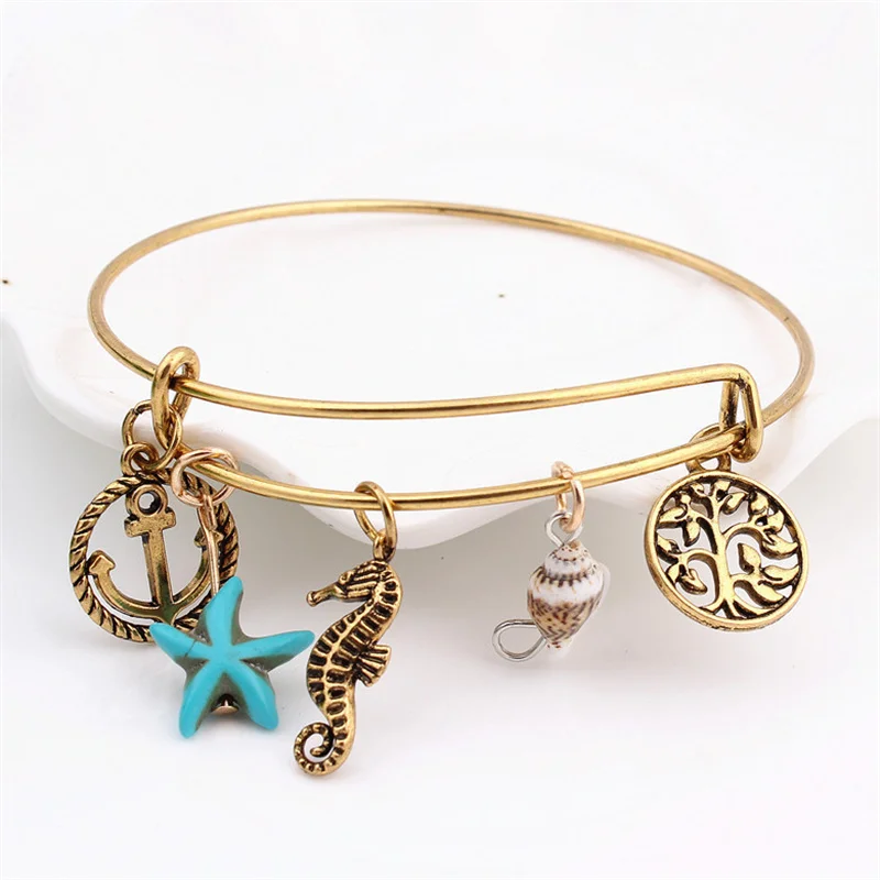 

Wholesale 10pcs Seahorse Tree Of Life Boat Anchor Conch Charm Bracelet For Men Women Gold Plated Jewelry Fit Alex Bangle