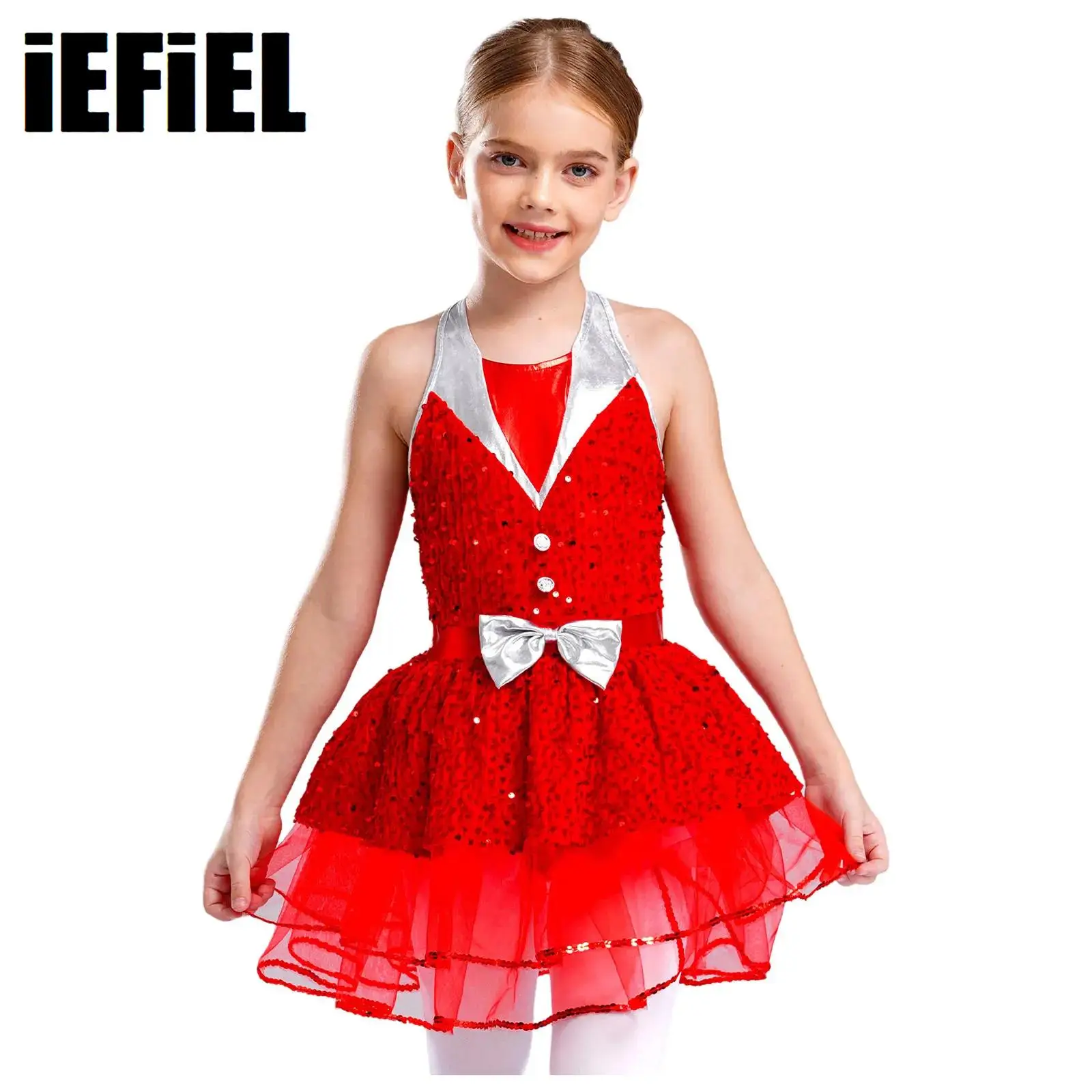 

Kids Girls Dance Tutu Dress Performance Costume Halter Sleeveless Backless Glittery Sequins Velvet Tutu Dress Tutu Skirt