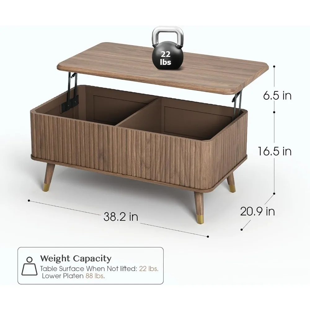 Lift Top Coffee Table with Storage Shelf & Hidden Compartment, Mid Century Modern Fluted Rectangle Dining Table for Living Room