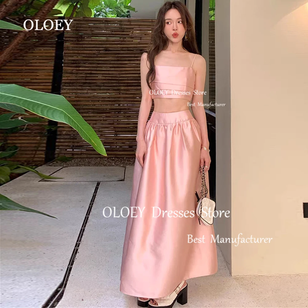 

OLOEY Fairy Pink Prom Suit Korea Photoshoot Pleats Silky Taffeta Ankle Length Evening Dress Spaghetti Straps Women Zip Back