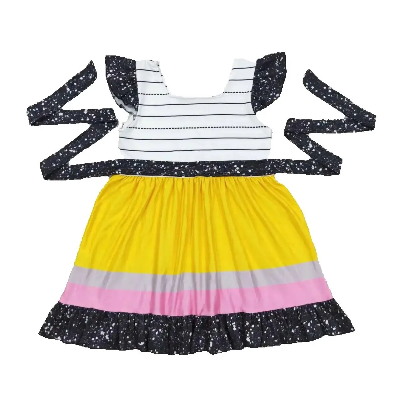 

Wholesale kids clothes for girls Back to school black belt striped fly sleeve dress summer boutique toddler girls dresses