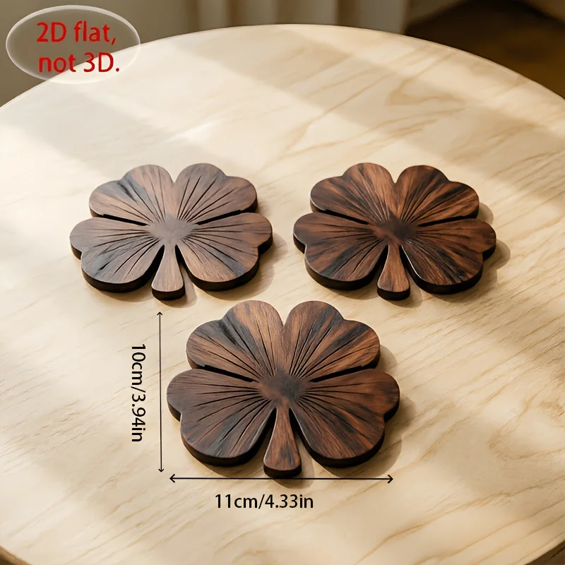 4Pcs 2D Flat Clover Wooden Coasters, Walnut‑Tone Desktop Protector Set for Coffee Tea Drinking Cups - view 5