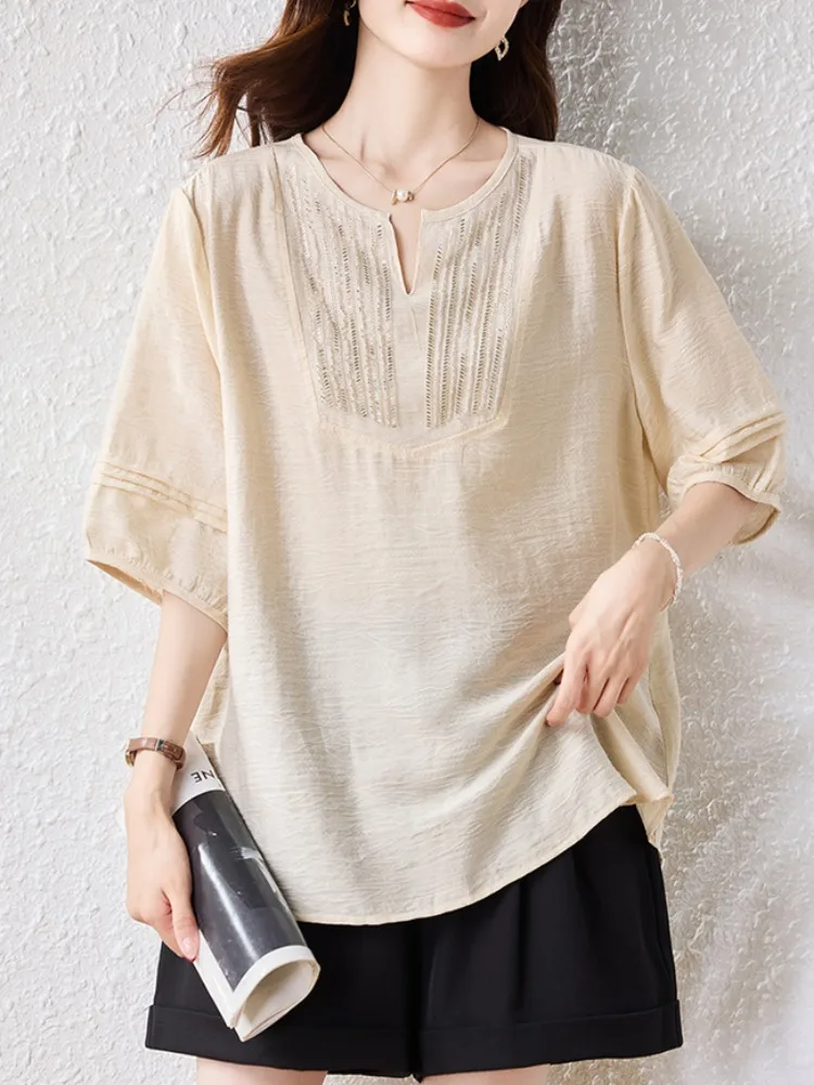 

Loose Casual Five-Quarter Sve irt Women plus Size Summer New Sle Slimming irt Comfortable Breathable Korean Sle