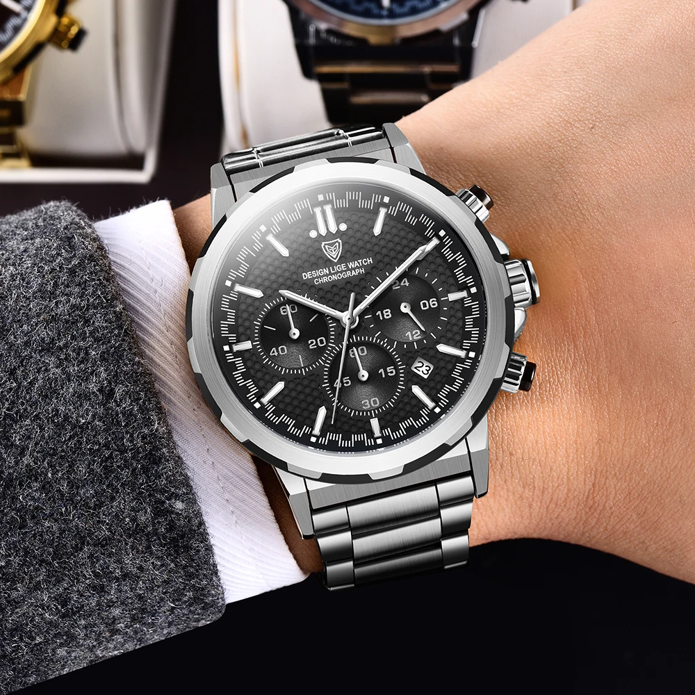 2024 LIGE New Wrist Watch Men Waterproof Chronograph Military Army Stainless Steel Male Clock Top Brand Luxury Man Sport Watches