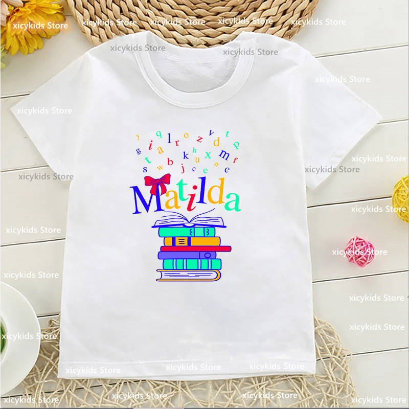 2023 New Arrival dziewczęca koszulka film Matilda nadruk graficzny dziewczęca moda śliczna odzież dziecięca Tshirt letnia biała koszulka z okrągłym