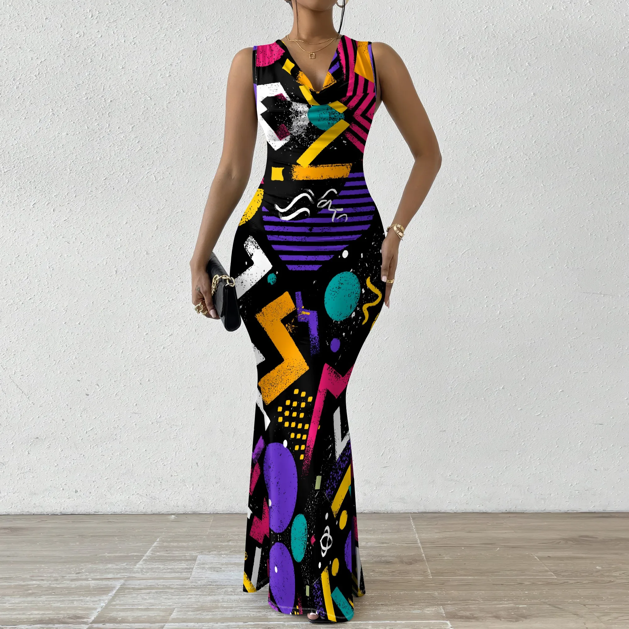

Women's 80s 90s Retro Print Maxi Dress XS-2XL - Sleeveless Cowl Neck Bodycon Party Dress - Vintage Inspired Club & Disco Wear
