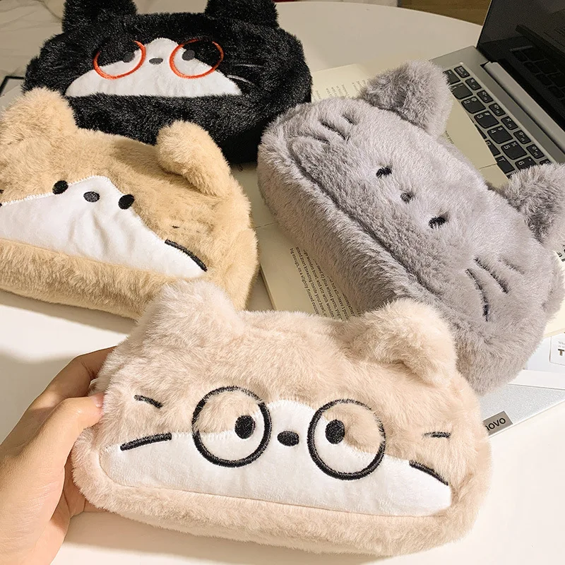 مقلمة مطرزة على شكل قطة من القطيفة، حقيبة مكياج جمالية لطيفة للمدرسة، منظم قرطاسية واسع ومنفوش، مستلزمات الطلاب