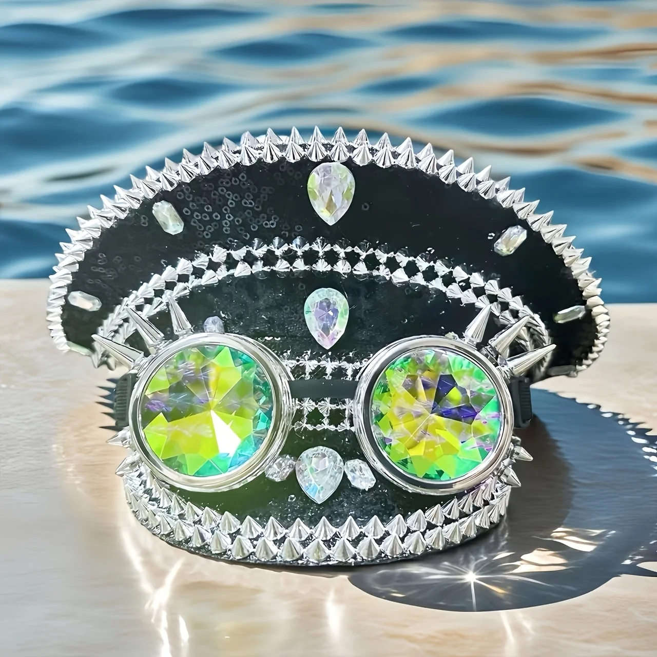 HongLuan ブラックゴーグルキャプテンハットラインストーン付き、音楽祭、女性用、カーニバルコスチュームハット＆コスプレ女性用アクセサリー