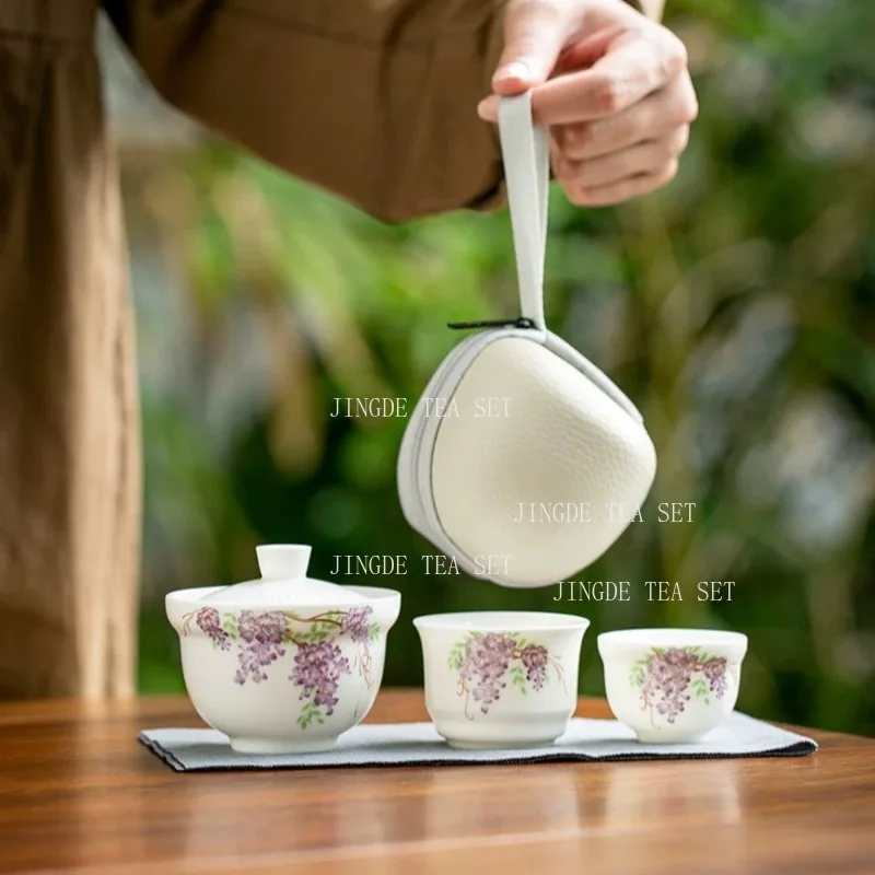 

1 Pot 2 Cups Travel Tea Set Ceramic Outdoor Portable White Porcelain Tea Cup Kungfu Teaset Underglaze Color Tea Tasting Cup
