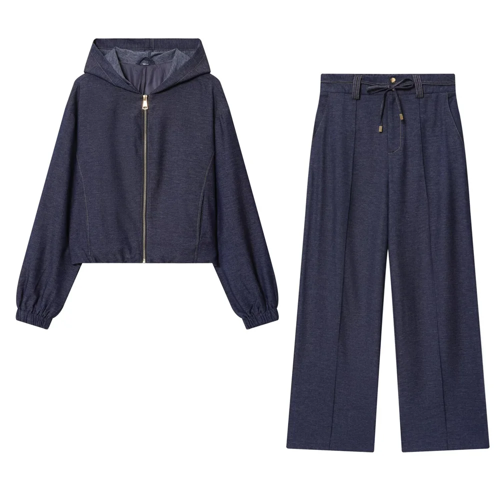 Herfst en winter nieuwe dames pilotenjas met capuchon en lange mouwen in casual stijl, broek met hoge taille en wijde pijpen