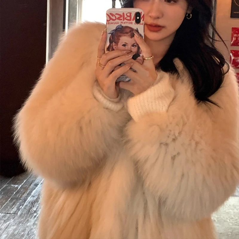 YOLANFAIRY 천연 전체 모피 여우털 코트 여성용 겨울 보온 V넥 슬림 고급스러운 청춘 리얼 여우털 재킷 여성용 2025