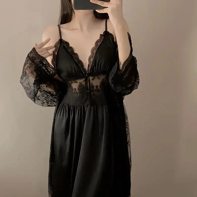 

Bride Lace Robe Set White Women Bathrobe Gown Suit Sexy Sleepwear Nightgown Wedding Kimono Summer Satin Home Dress Loungewear d'