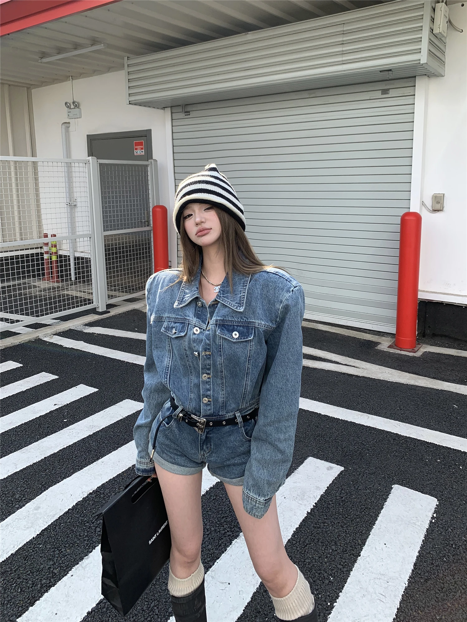 

Blue Denim Onesie Pants Women's Winter Cool Spicy Retro Slim Wide Leg High Waist Suit ort Set Casual High Waist Polyester