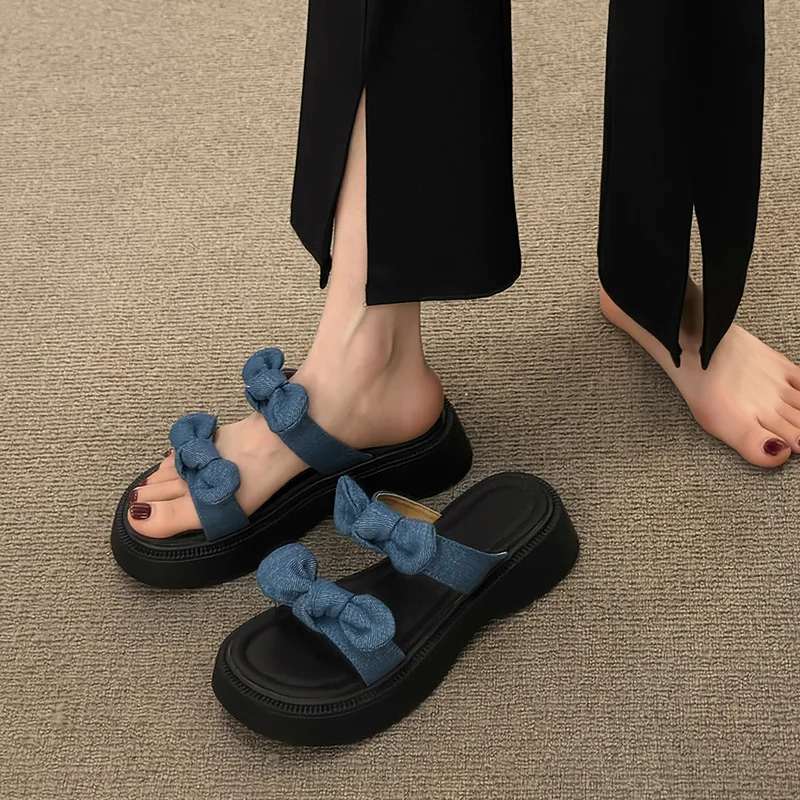 Slippers Women Summer Shoes Rubber Flip Flops Low Slides Shale Female Beach Platform Fashion Butterfly-Knot Hawaiian Denim Sabot