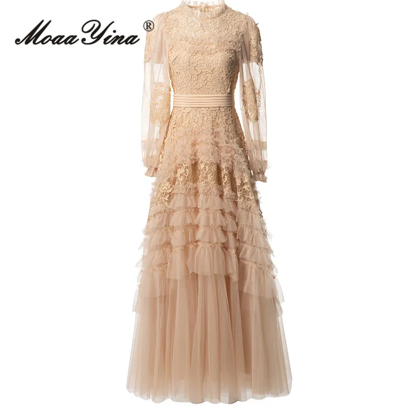 MoaaYina Vestido de renda com gola alta, manga comprida, em camadas, orelhas pretas, franjas, fofo, estilo princesa, para primavera/verão 2025 S-4XL