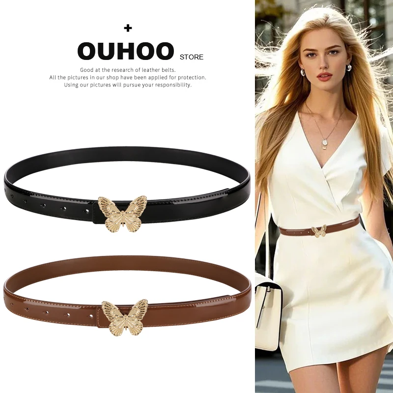 

Elegant Womens Belts Fashion Gold Rhinestone Butterfly Buckle Belt Black Brown Pink Ladies Belts for Jeans Dresses Y2k Belt