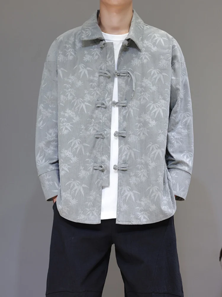 

Мужская вельветовая рубашка премиум-класса в китайском стиле с вышивкой, на пуговицах, весенне-осенняя верхняя одежда, костюм Тан, Ханьфу