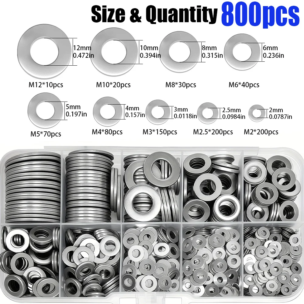 800 PCS Stainless Steel Flat Washer Set (M2 - M12) for Home, Industrial Repair, and Outdoor Construction Maintenance.