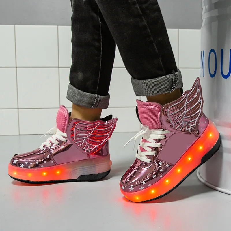 2025 new double-wing glossy double-wheel power walking shoes, rechargeable children's light-emitting shoes, roller skates