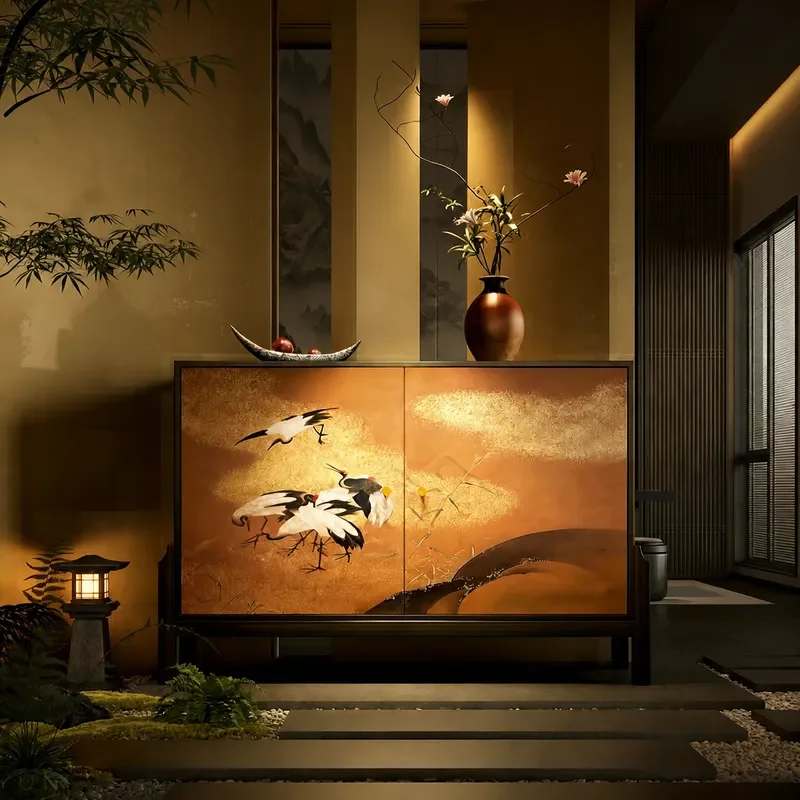 Song Style Aesthetics Orange Bottomed Crane Ancient Painting Solid Wood High Cabinet Dining Side Cabinet Combination Living
