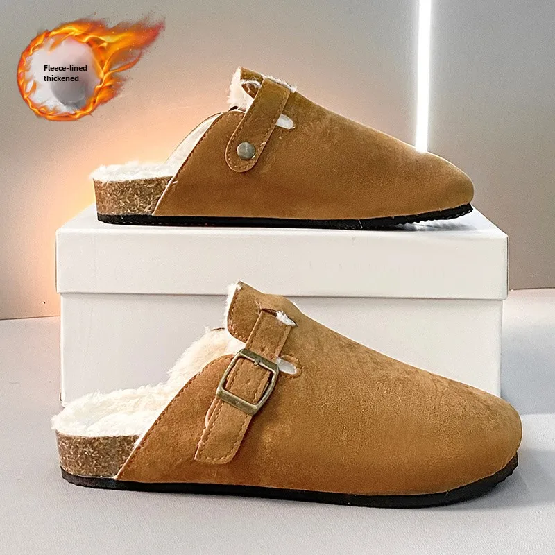 2024 Winter New Men's Tows Plus Fleecy Warm Bao Head Birkenstock Shoes Home Casual Fashion Men's Cotton Tows