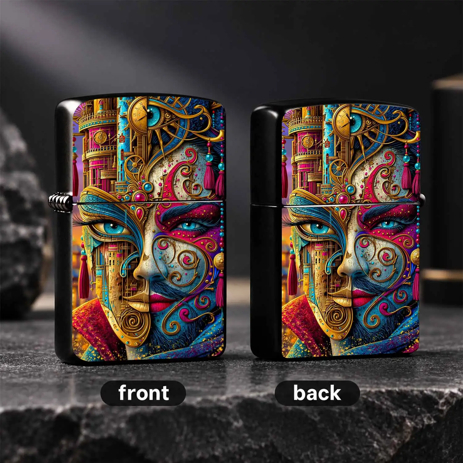 Steampunk Psychedelic Art Face Decor Lighter Vibrant Gold Fuchsia Cyan Swirl Pattern Portable Sleek Igniter For Daily Use Travel Party Gifting Unique Eye Catching Creative Accessory For All Scenarios A Humorous And Interesting Lighter