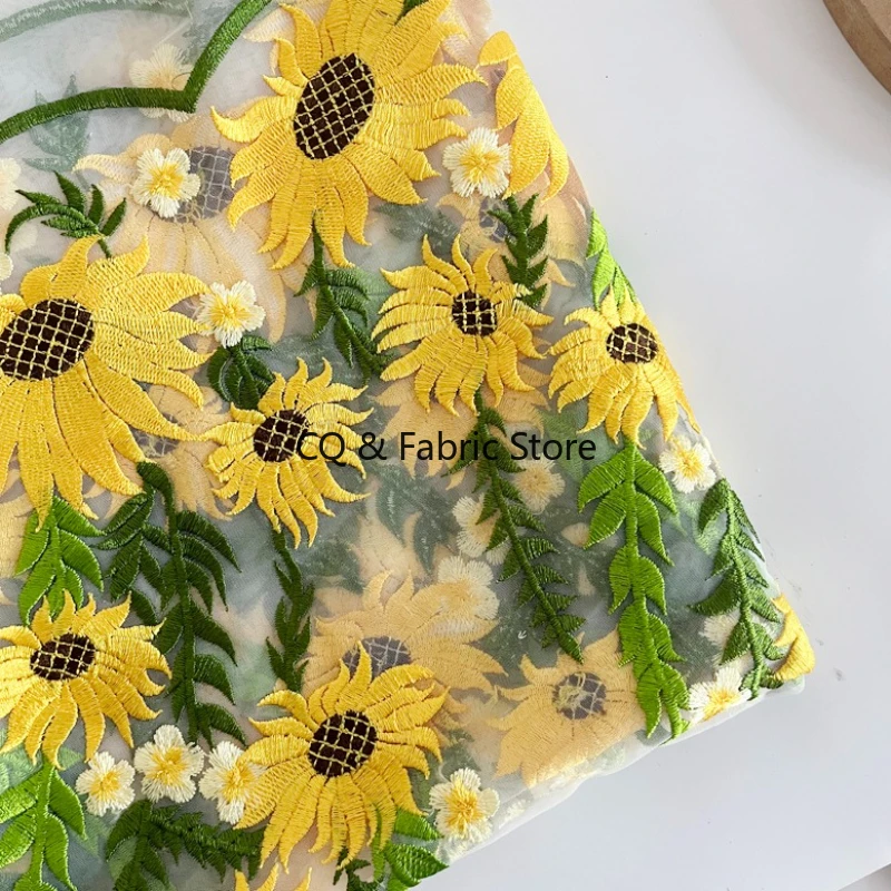 Light Champagne Gauze Golden Sunflower Embroidery Lace Fabric Water Soluble Double Coloured Embroidered Skirt Fabric By Meter