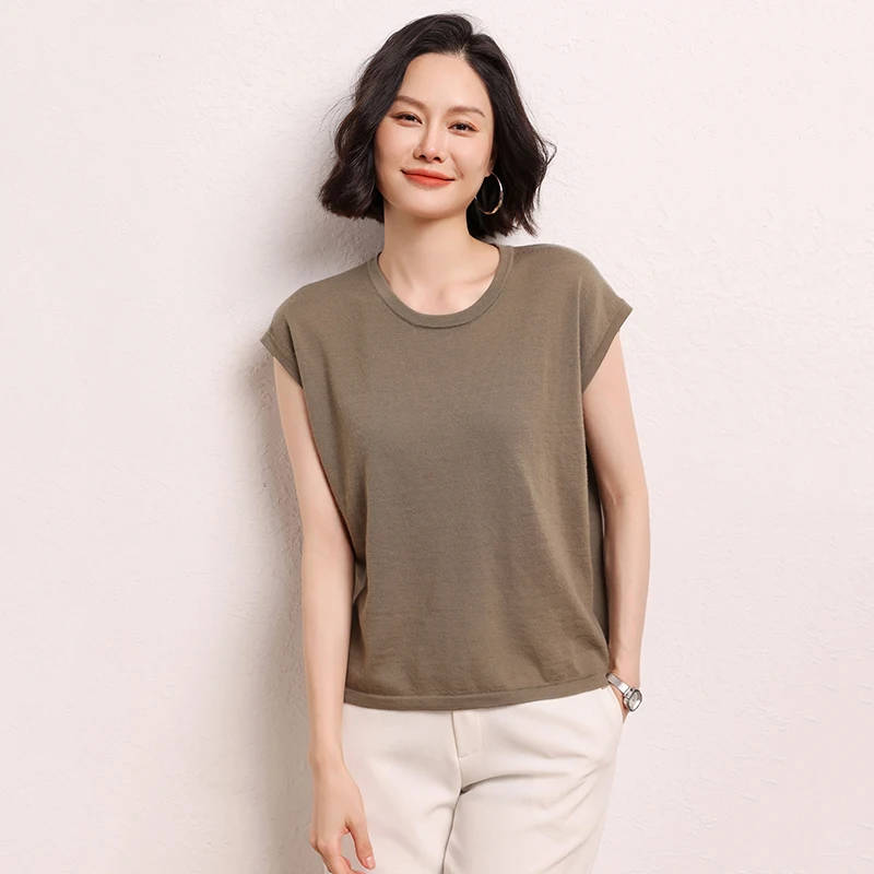 New Style Worsted 100% Pure Cashmere Summer Women's Thin Knit Vest Short Sleeved T-shirt Sweater Versatile top Minimalist