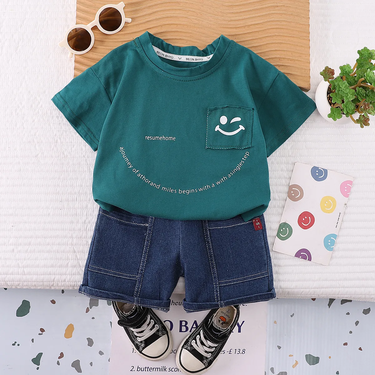 Kids 0-5 Years Old Children's Summer Clothing Toddler Infant Smiling Face Sticker T Shirt + Denim Shorts 2pcs/set Baby Clothing