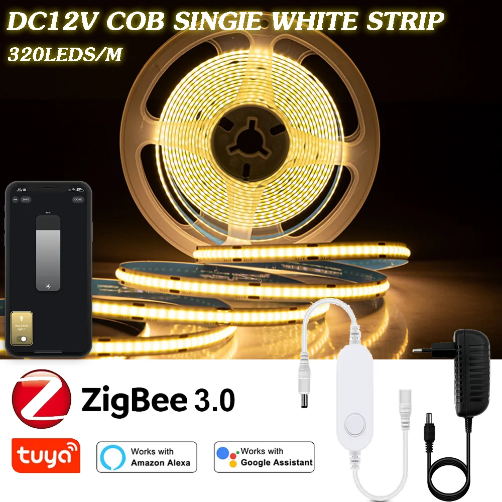 

Zigbee3.0 DC12V 1M-5M COB LED Strip 320Leds/M High Density Flexible LED Tape Linear Dimmable Ribbon for Room Decor 3500K 6500K