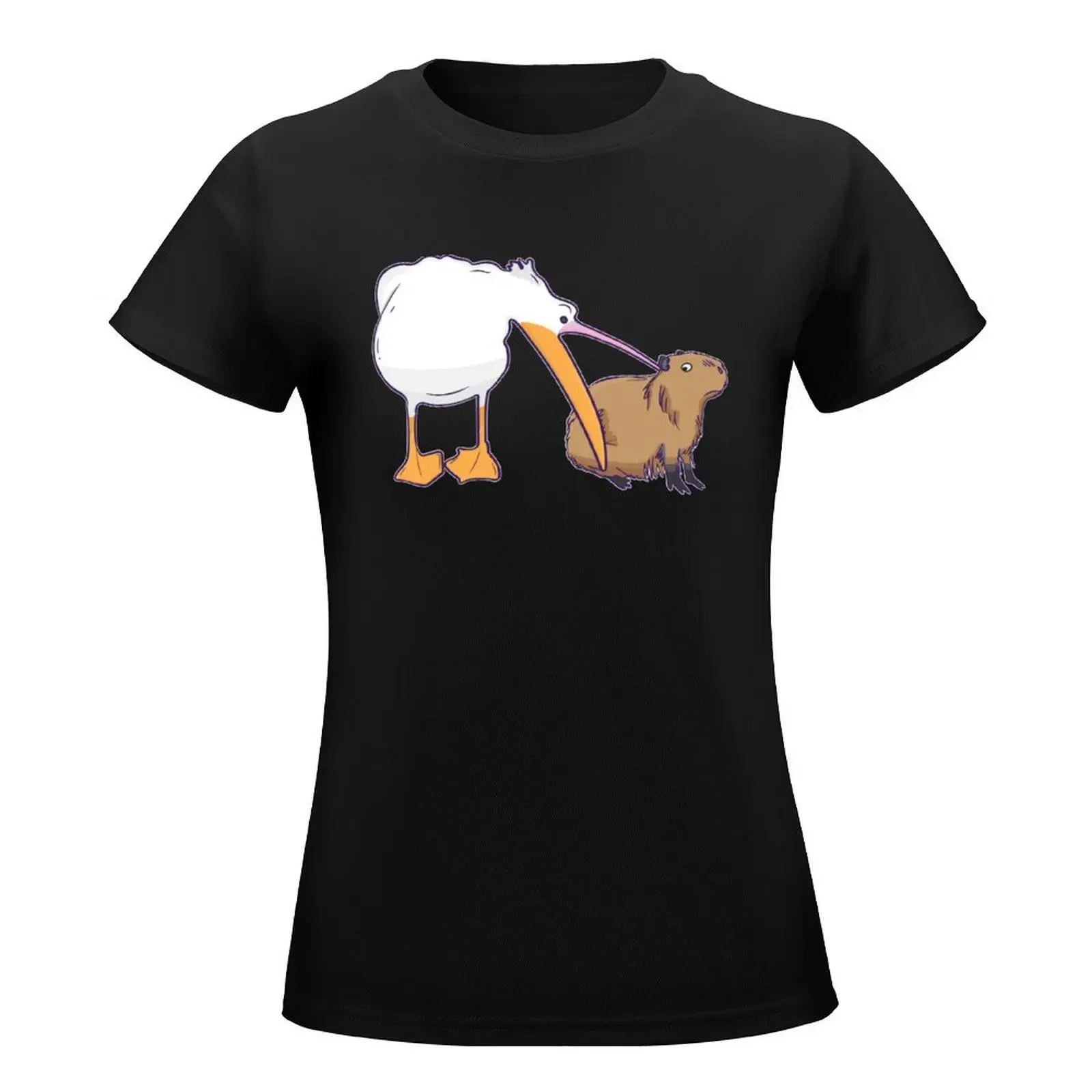 Pelican Tries to Eat Capybara Funny Cute Meme T-Shirt animal print shirt for girls funny t-shirts for Women graphic tees funny