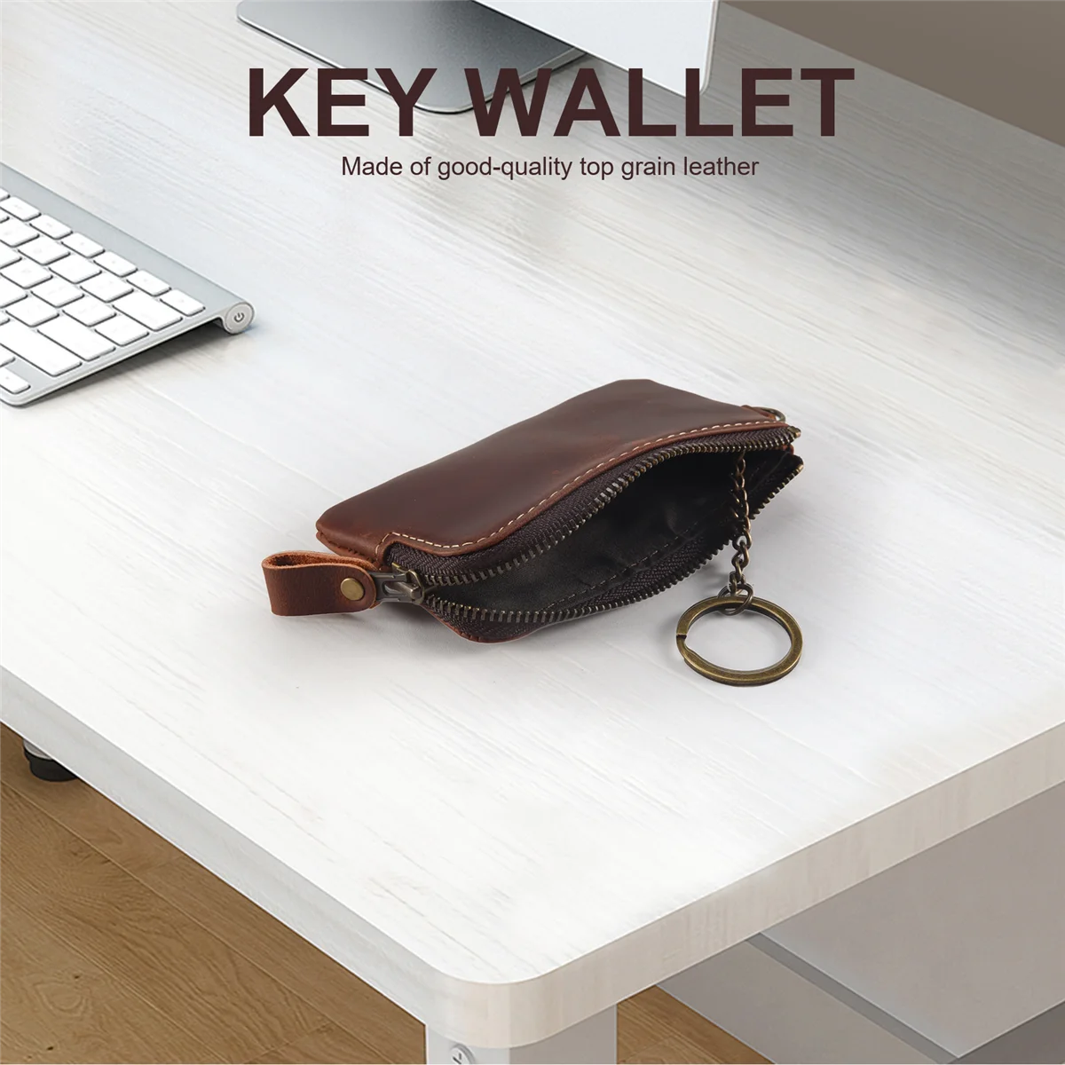 FZFZ Cartera para llaves de cuero genuino para hombre, soporte para bolsa de ama de llaves con cremallera, monedero con llavero Crazy Horse