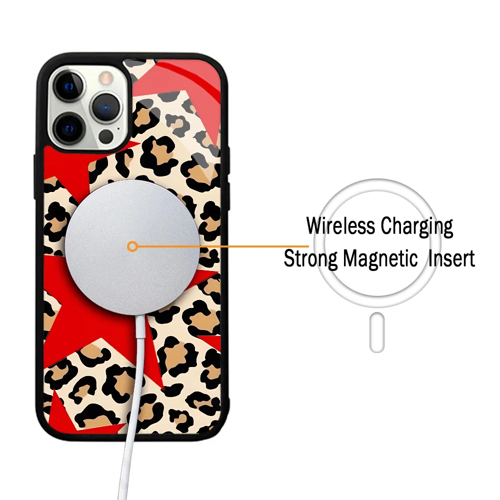 Cheetah Print With Red Stars Case For iphone 11 12 13 14 15 Plus Pro Max Mirror Acrylic For Magsafe Wireless Charging