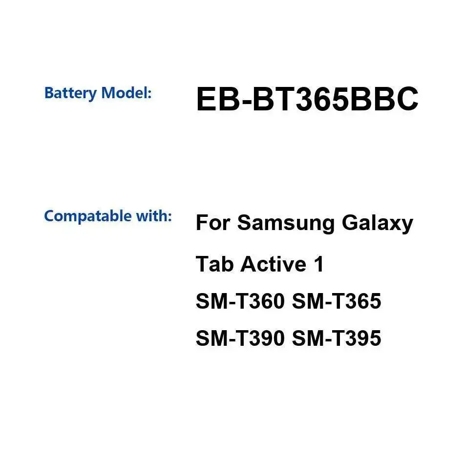 

Аккумулятор для планшета 4450 мАч EB-BT365BBC для Samsung Galaxy Tab Active 1 SM-T360 SM-T365 SM-T390 SM-T395 Высокоэффективный