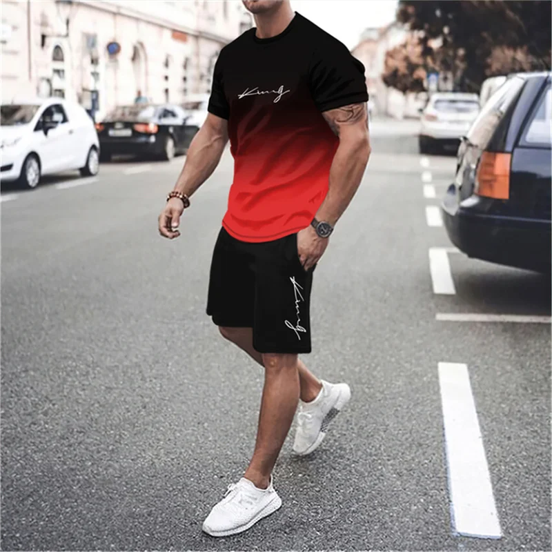 The latest 3D gradient T-shirt and shorts set men\'s short sleeved O-neck top casual and fashionable skateboarding sportswear set