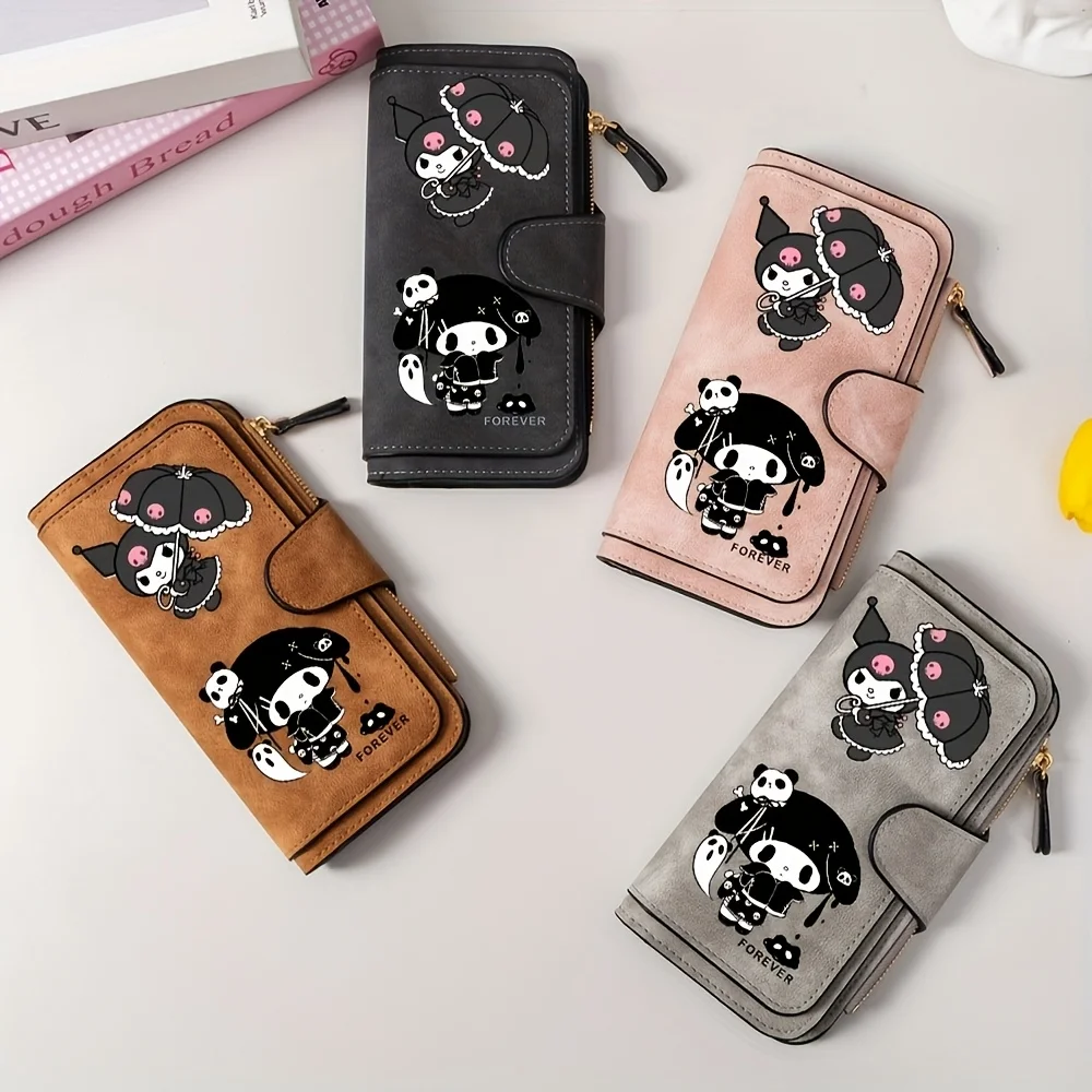 1PCS Bolsa de Moedas Pequena Sanrio, Carteira com Zíper Fofa, Série Dark Kuromi, Bolsa de Couro com Design Moderno, Porta-Cartões Multifuncional