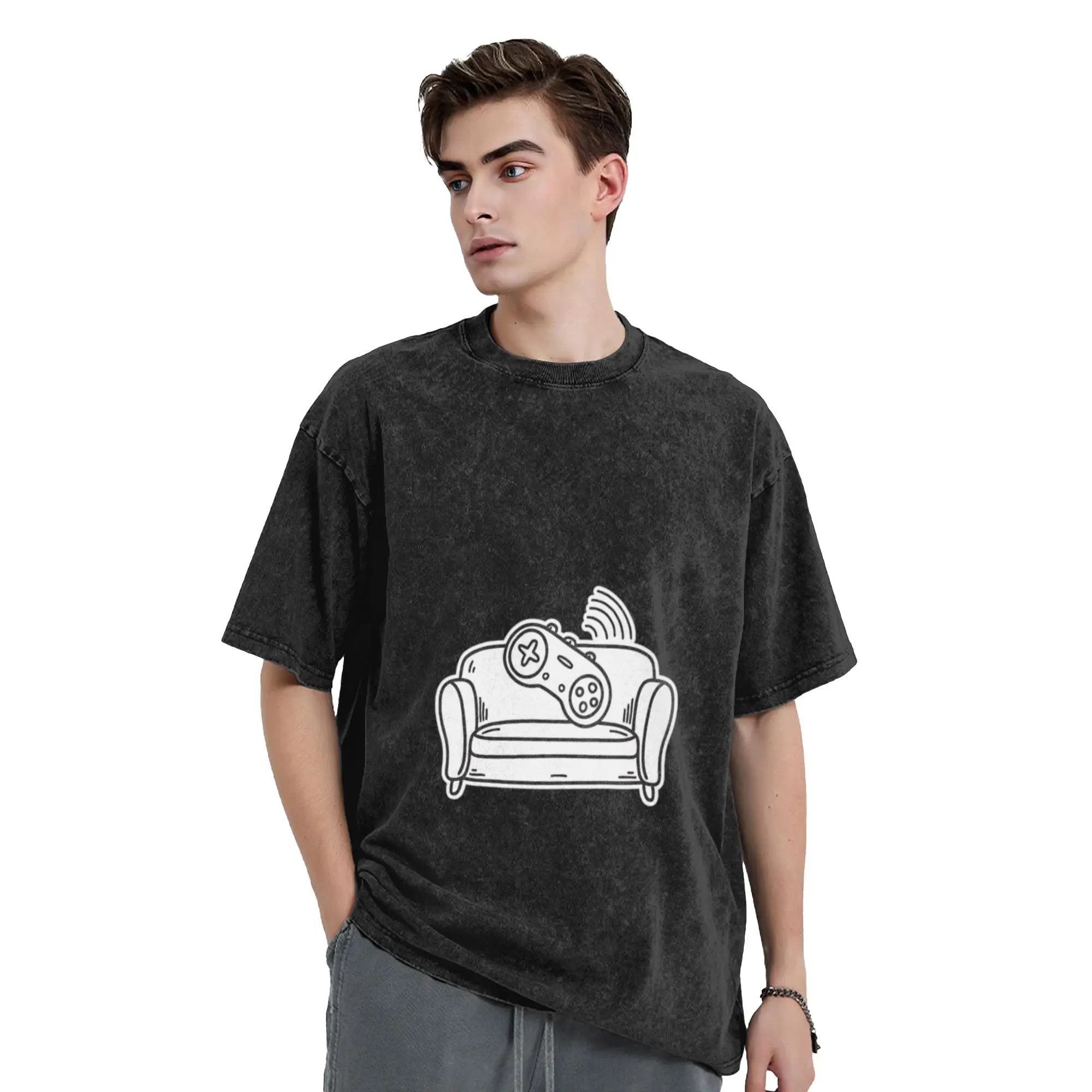 Game controller vibrating on a couch in doodle sketch Chic A T-Shirt Oversized Short Sleeve Men's Women's Cotton Tees Tops