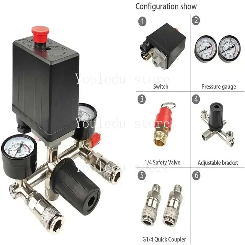 220V 90-120 psi Air Compressor Pump with Pressure Switch Control Valve Manifold Relief Regulator with Gauge