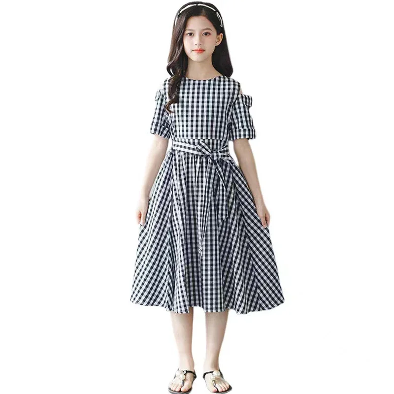 

Girls Summer New Cotton DressTeen Plaid Strapless Skirt Children Short-Sleeved Wear Princess Clothing 6 8 10 12 14 16 Year