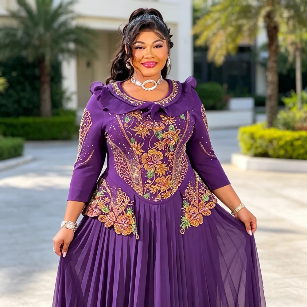 

Elegant Plus Size African Dresses Women Pleated Embroidery Maxi Dress Ankara Dashiki Kaftan Abaya Party Gown Clothing Outfits