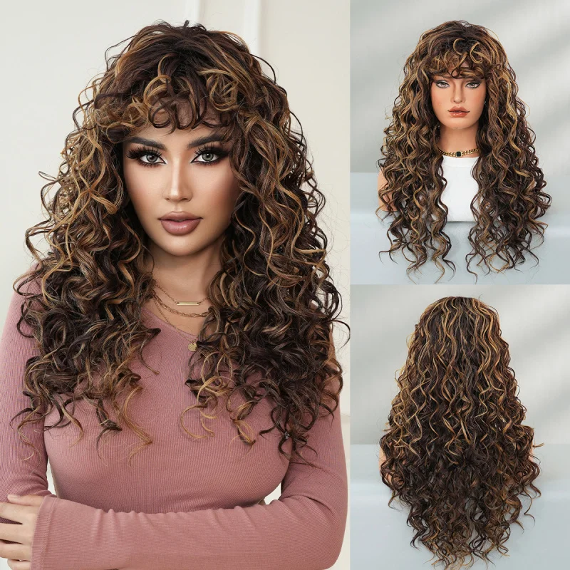 New style hot girl Asian honey blonde curly black spring curl long hair with bangs synthetic fiber machine-made wig view 6