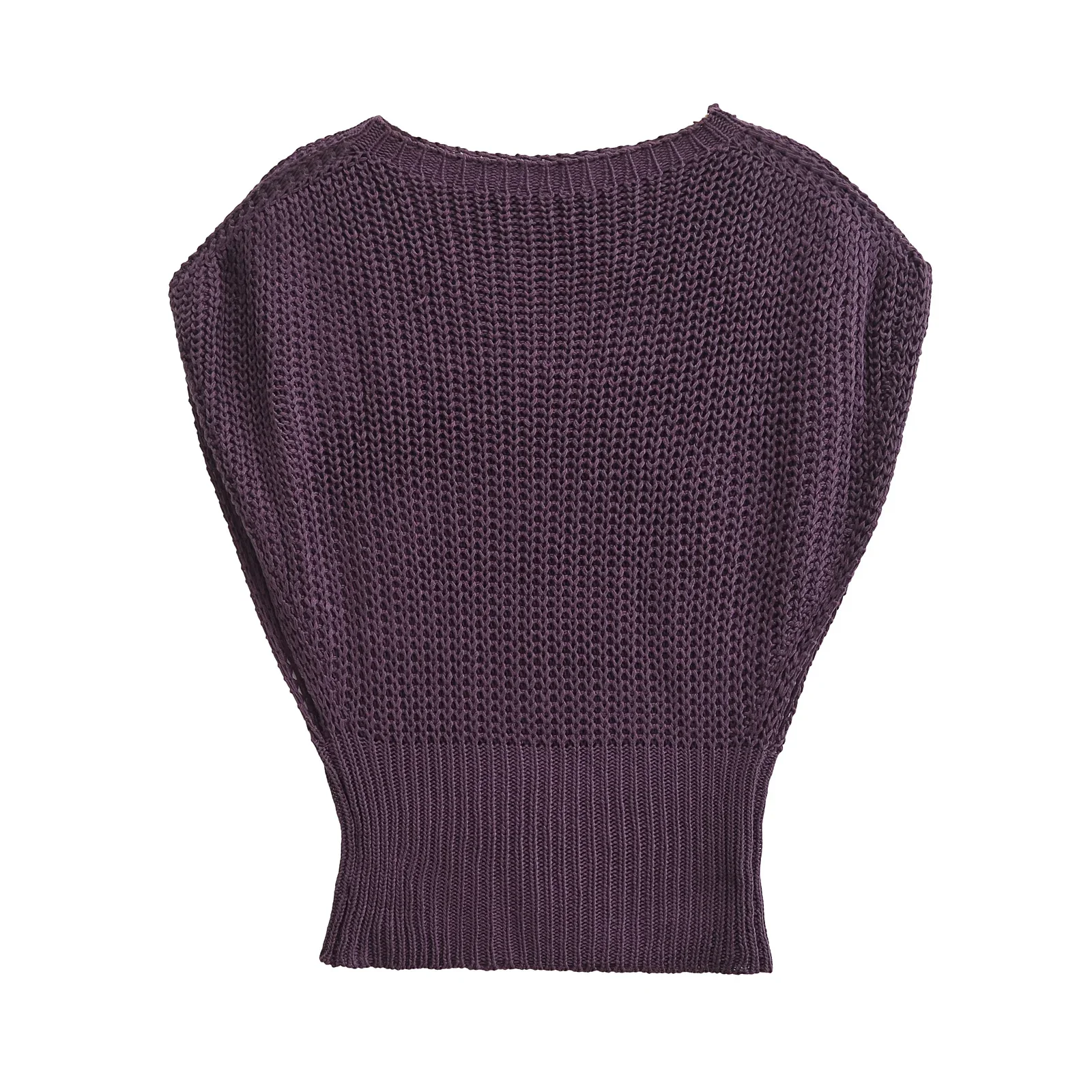 TRAF Fall Sweater Sleeveless Knitted Loose Pullover O Neck Purple Color Lady Sweater Women Clothing Streetwear 5536/100