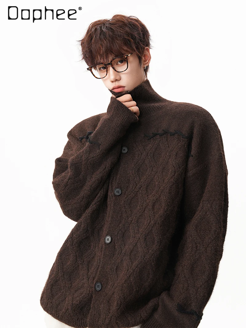 الخريف الشتاء خمر الماس نمط تصميم بدوره إلى أسفل طوق رمادي فاتح سترة الرجال فضفاضة سميكة عادية سترة مشغولة من الصوف #1