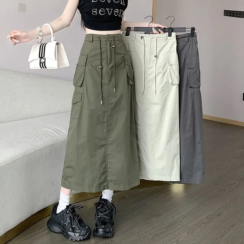 

2024 Summer New High Waist Split Drawstring A-line Slim Skirt Casual Versatile American Retro Work Dress