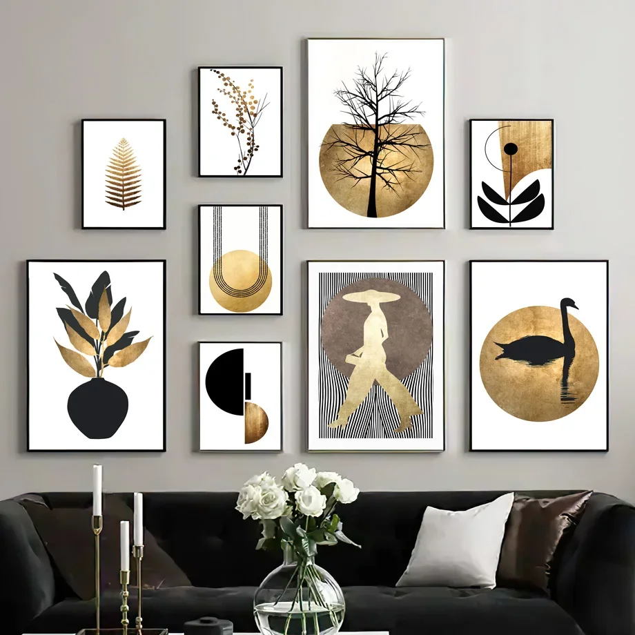 

Gold Leaf Plant Vase Swan Silhouette Abstract Wall Art Canvas Painting Nordic Posters And Prints Pictures For Linving Room Decor