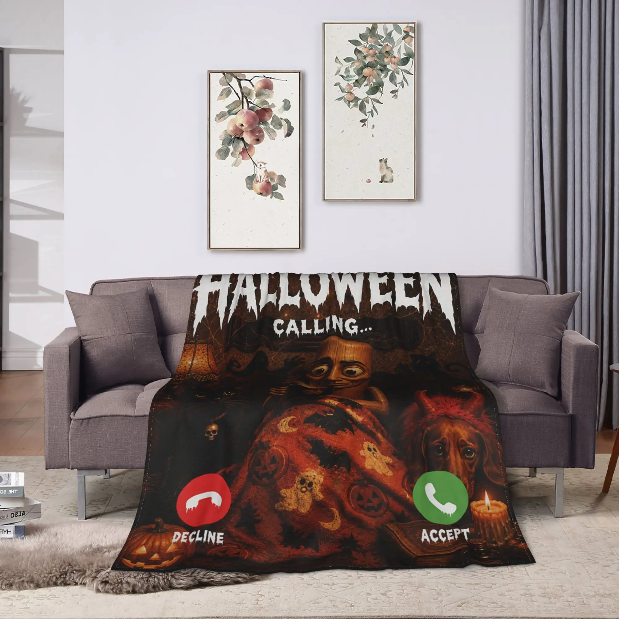 Tung Tung Sahur Black Cat Dog Halloween is Calling Meme Blanket Winter Bedding Throws Girls Bedroom Flannel Bedspread Bed Cover