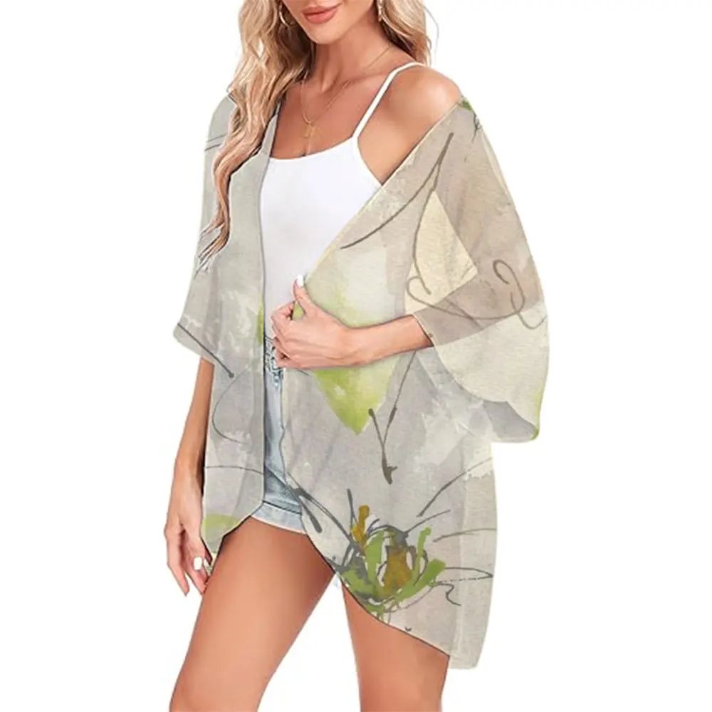 New Women's Loose Floral Print Chiffon Coverups Beach Swim Bikini Tops Kimono Cardigan Puff Sleeve Cover Up Blouse Swimwear Coat