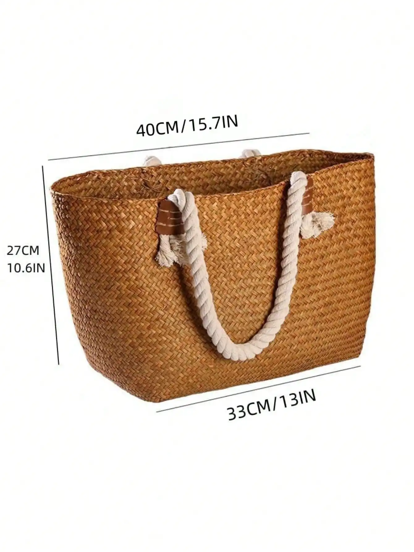 1pc Woven Straw Handbag, Large Farmhouse Style Rattan Storage Basket, Laundry Basket, Toy Organizer, Handwoven Seagrass Tote/Handbag