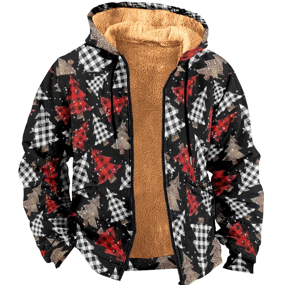 Trendy Men's and Boys' Winter Parkas with Hoodie, Zipper Christmas Theme Jacket with Pocket with Grid Christmas Tree Print